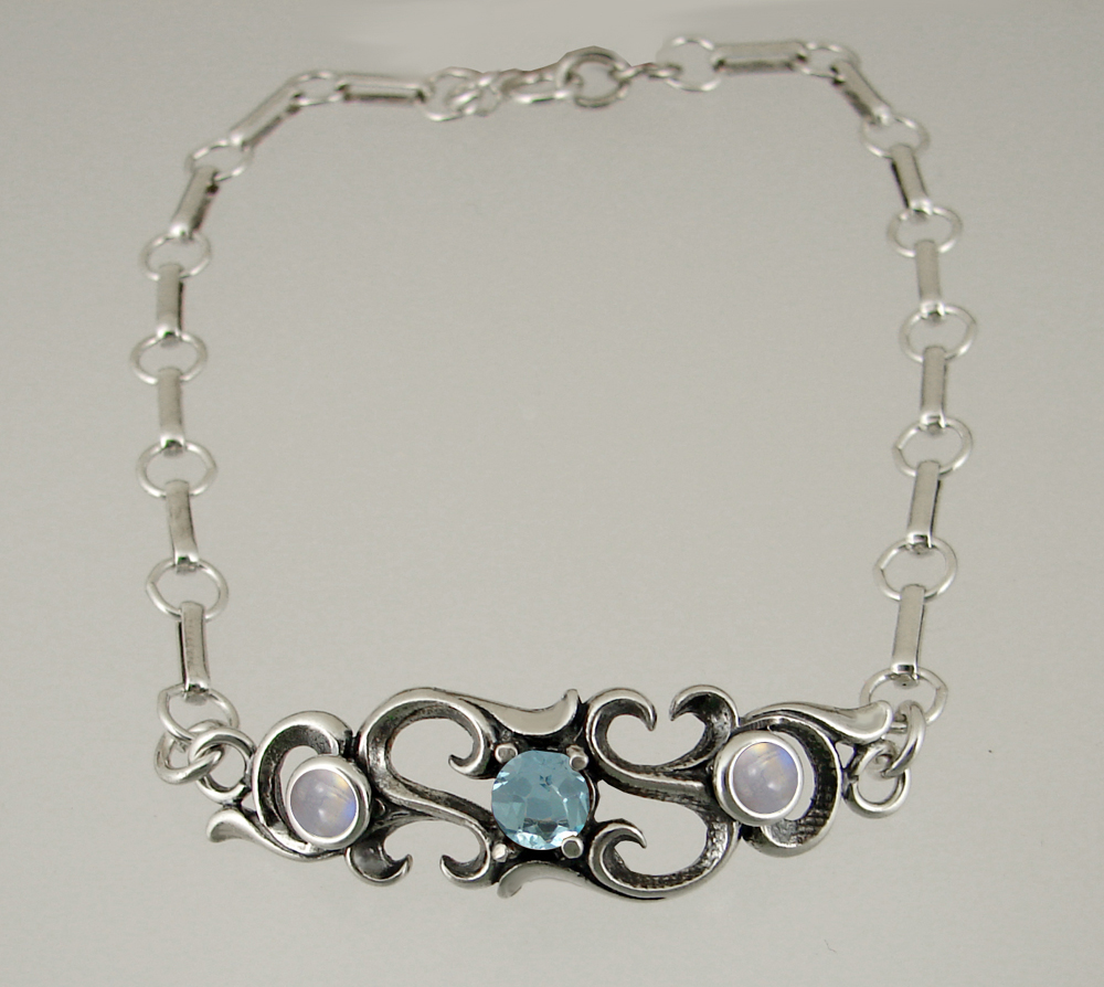 Sterling Silver Bracelet With Faceted Blue Topaz And Rainbow Moonstone